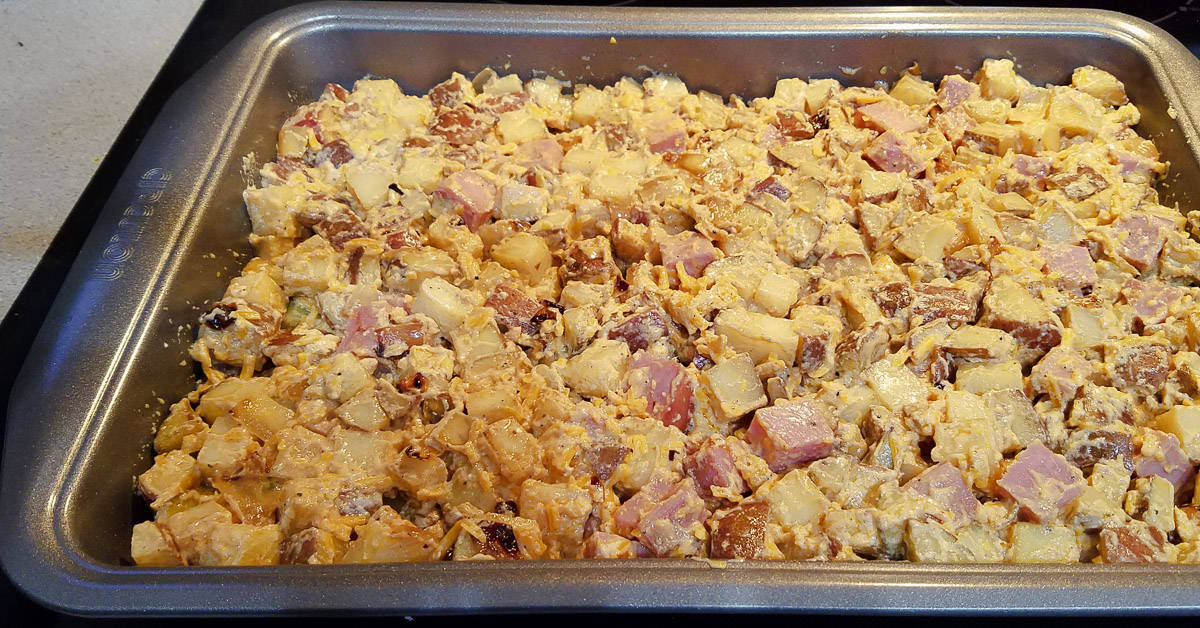 Savory Ham and Potato Casserole baking pan ready for the oven
